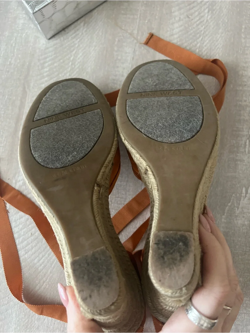Nine West Orange Satin Espadrille Wedge Sandals with Ankle Wrap